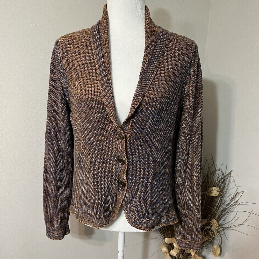 Renuar Women’s Blue Orange Metallic Button Down Sweater Cardigan Size L - Picture 1 of 12